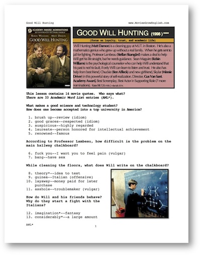 Front page of ESL Whole-Movie ESL lesson for the film, Good Will Hunting